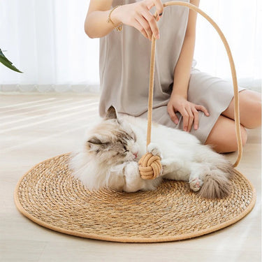 A fluffy white cat uses the KittyNook Cat Co. Natural Rattan Cat Scratcher as someone in a dress sits nearby.